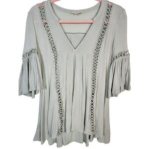Wishlist Womens Tunic Top S/M Sage Green V Neck Bell Sleeve Crochet Boho Peasant